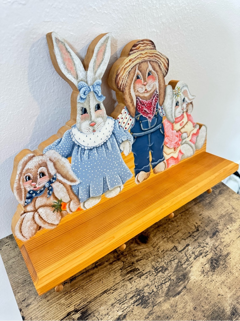 Hand-Painted Bunnies | Wooden Wall Shelf With 4 Peg Coat Rack - Picture 2 of 5